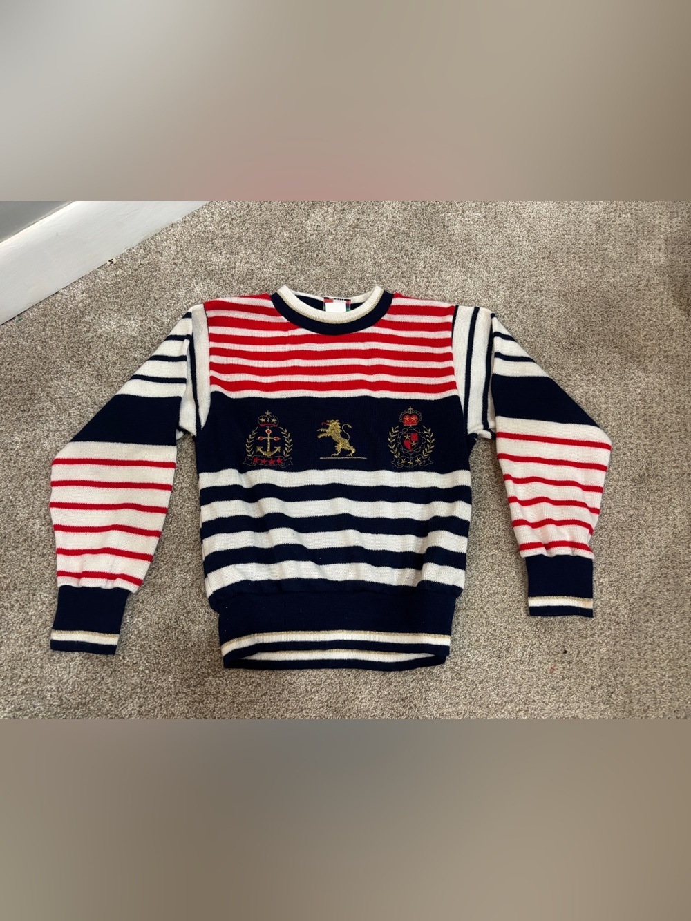 Vintage nautical-style sweater Bull Frog Knits USA patriotic red white blue 7